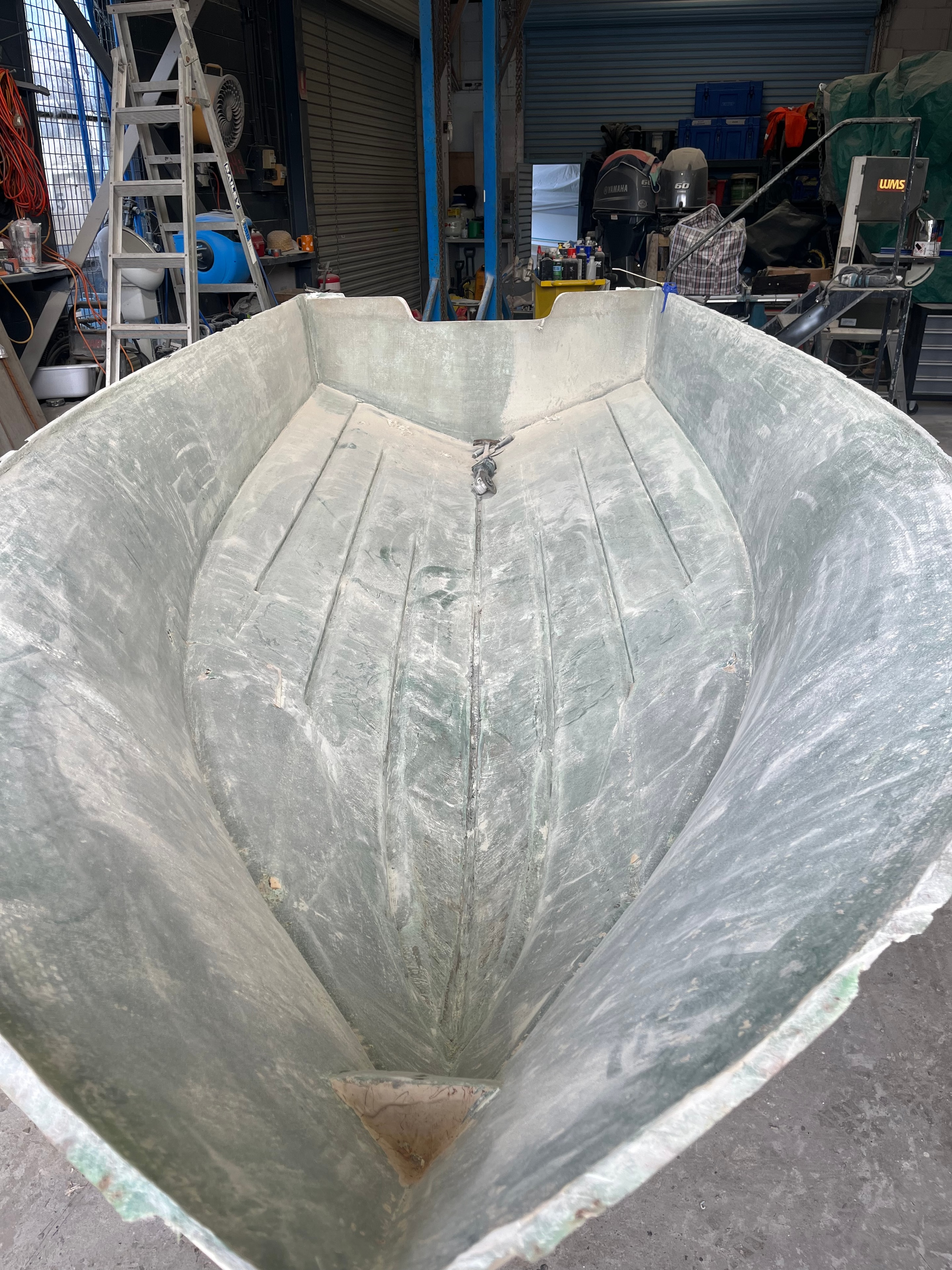 Fibreglass hull interior with new gelcoat applied