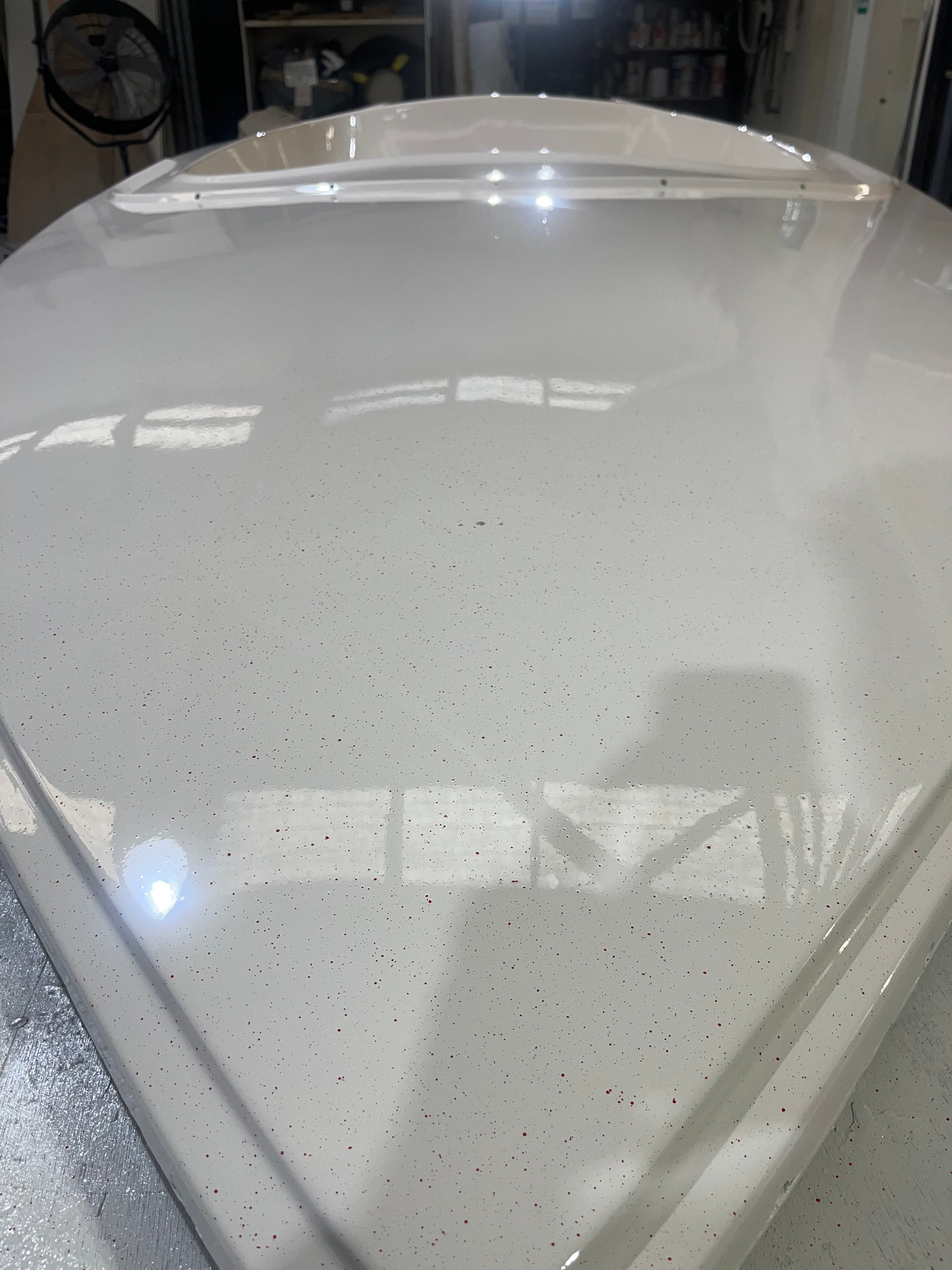 White gelcoat bow respray close-up finish